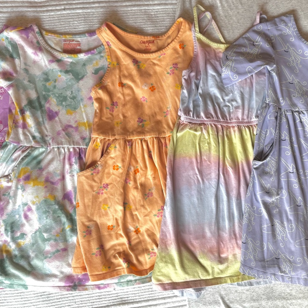 Cute Pastel Girls' Dresses - Tie-Dye & Floral Mix (6-7)